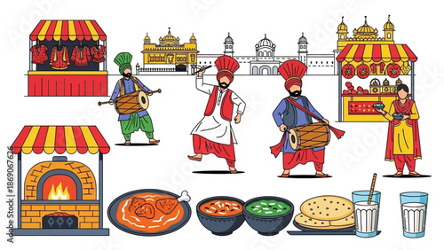 Vector illustration of a vibrant Patiala Heritage festival scene in INDIA, featuring traditional dancers, food, and a brick oven with a joyful atmosphere.