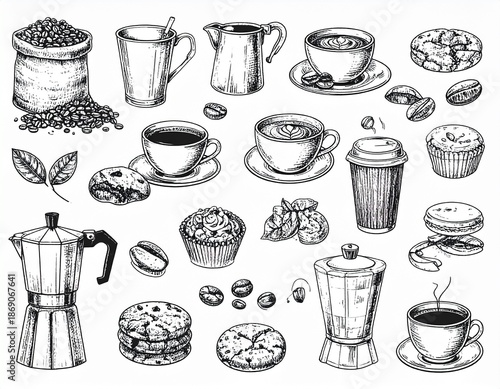 Detailed Hand-Drawn Coffee and Pastries Illustration - Beans, Cups, and Treats.