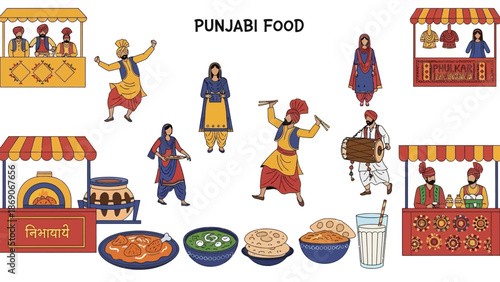 Vector illustration of Punjabi food festival with people dancing and vendors selling traditional Indian dishes in Patiala Heritage, INDIA.