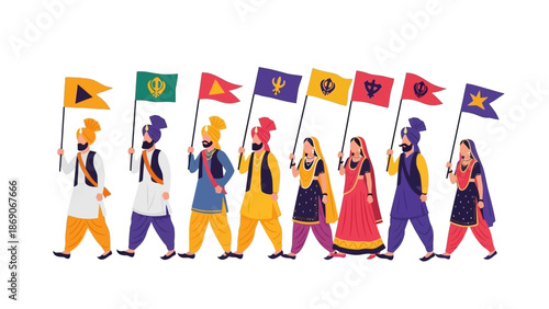 Vector illustration of a vibrant procession celebrating Patiala Heritage Festival in INDIA with traditional attire and colorful flags.