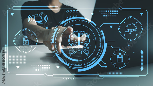 User working on a laptop with AI technology, finger pointing at artificial intelligence interface. Concept of technology, internet, innovation, smart working, digital transformation