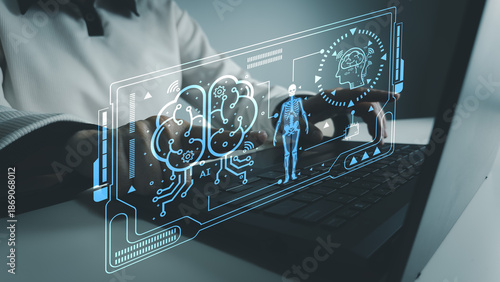 User using a laptop with AI medical system, finger pointing at the screen. Brain and body icons visualize artificial intelligence analyzing human data for diagnostics