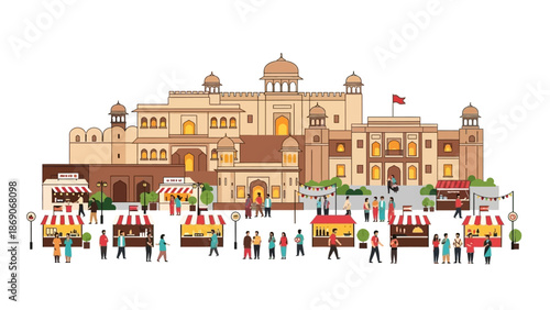 Vector illustration of a vibrant festival scene in front of the Patiala Heritage building in INDIA with people and colorful stalls.