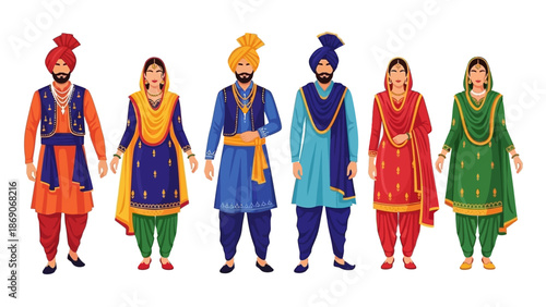 Vector illustration of six people wearing traditional Indian clothing for a festival or heritage celebration in Patiala, India, standing in a row against a white background with vibrant