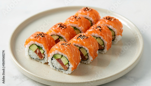Salmon topped sushi rolls with cucumber and rice