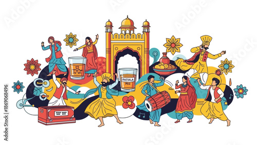 Vibrant illustration of Indian dancers and musicians celebrating Patiala Heritage Festival in INDIA with traditional attire and colorful decorations.