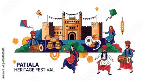 Vector illustration of traditional Indian dancers and musicians performing at Patiala Heritage Festival in INDIA, with a castle and lanterns in the background.