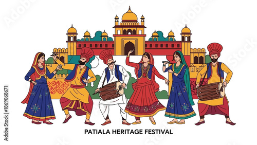 Vector illustration of traditional Indian dancers and musicians in colorful attire performing at the Patiala Heritage Festival in INDIA, with a vibrant and celebratory mood.
