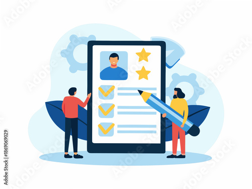 People reviewing and rating profile on large mobile device screen