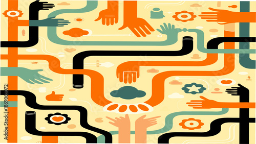 Vibrant hands reaching out in a network of colorful connections