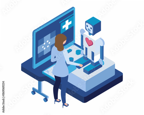 Woman interacting with robot on computer in modern workspace