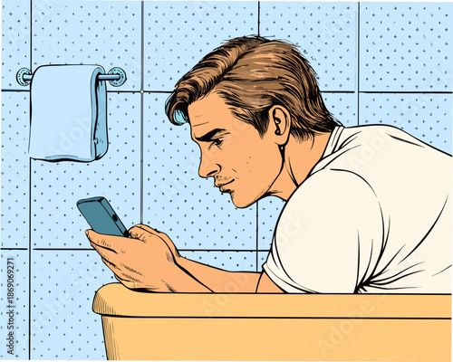 Man relaxing in bathtub with smartphone in hand