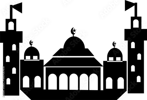 Black silhouette of mosque with domes and towers. Islamic architectural illustration suitable for religious background, Ramadan, Eid, and cultural design.