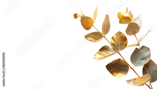 A gold-painted eucalyptus branch against a stark black background