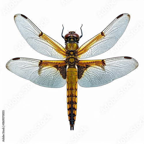 Detailed Top-Down View of a Broad-bodied Chaser Dragonfly, Isolated on White Background.