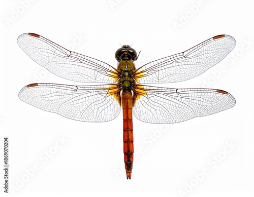 Detailed Top-Down View of a Vibrant Dragonfly with Transparent Wings.