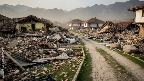 Abandoned Village with Demolished Houses and Debris