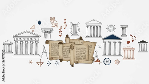 Ancient Greek Architecture and Symbols Illustration.