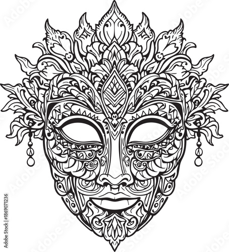 Gothic horror illustration of a vintage Venetian carnival skull mask with a tribal king crown and devilish lion design isolated on a black background for a death themed tattoo art