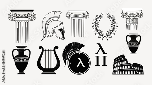 Ancient Greek and Roman historical symbols and artifacts collection.
