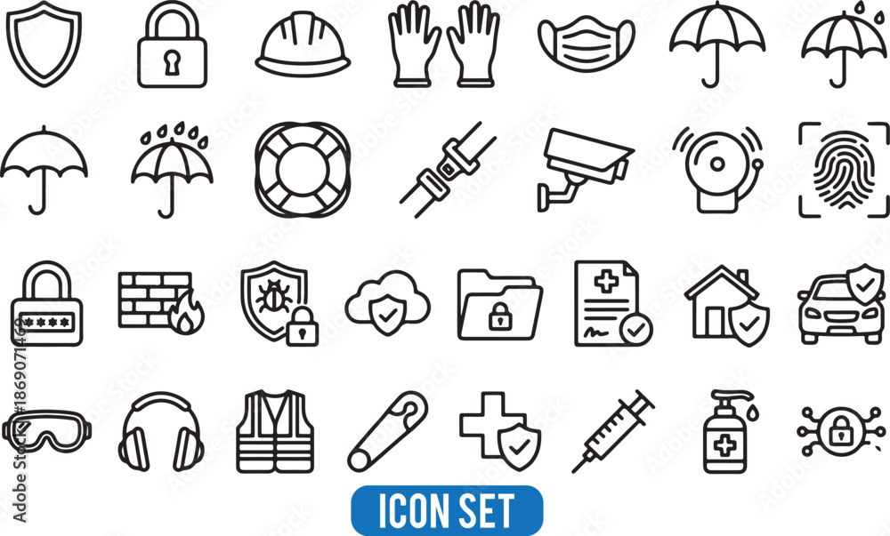 Fototapeta premium Comprehensive Safety and Security Line Icons Set Vector illustration