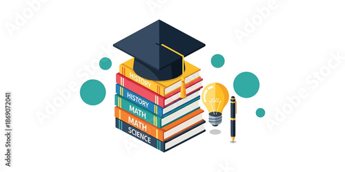 Education Concepts Graduation Cap on Books with Lightbulb and Pen