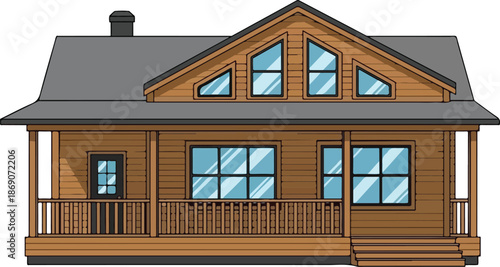 Modern Wooden House with Porch and Gable Roof.