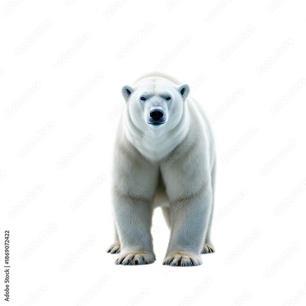 Fototapeta premium A cute white polar bear cub and a big wild mammal predator stand isolated on white in a cold arctic winter landscape of snow and nature wildlife