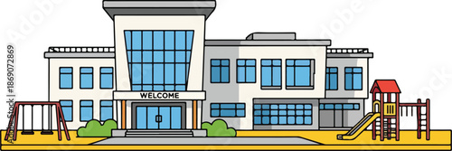 Modern School Building with Playground Equipment.