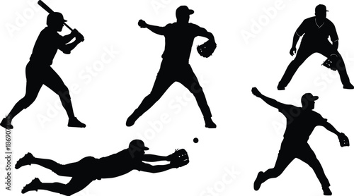 Baseball player silhouette set showing batting pitching throwing and catching actions, professional sport vector illustration isolated on white background for modern design