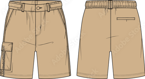 Beige men cargo shorts front back view, casual summer apparel technical flat vector illustration fashion clothing template isolated background