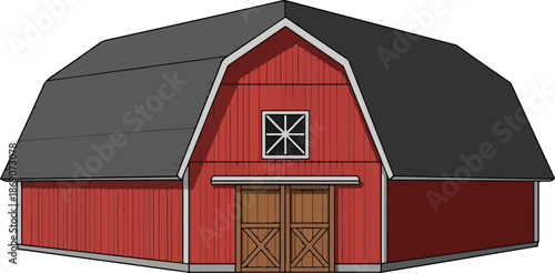 Red Barn with Brown Doors and Black Roof.