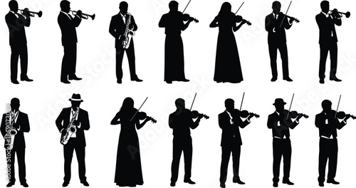 Black Silhouette Set of Professional Musicians Playing Violin Saxophone and Trumpet Including Orchestral Performers Isolated on White Background for Concert Concepts