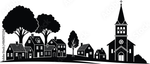 Charming European Village Silhouette Featuring Small Houses Traditional Church and Lush Trees Representing Peaceful Rural Community Life and Small Town Architecture