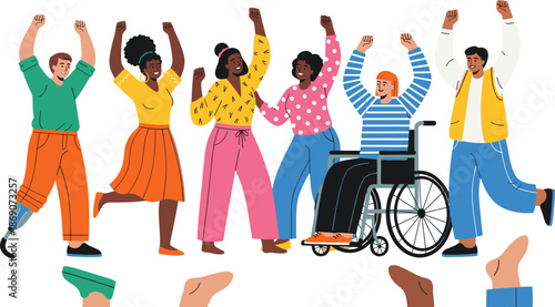 Diverse Group of Happy People with Disabilities Cheering and Celebrating Success Together Representing Inclusion Equality Empowerment and Community Support in Flat Vector