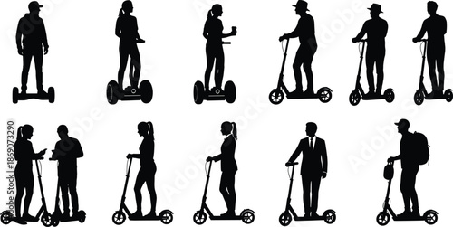 Silhouettes of People Riding Electric Scooters and Segways Set Representing Modern Urban Micro Mobility Personal Eco Friendly Transportation and City Commuting Lifestyles