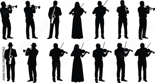 Black Silhouette Set of Professional Musicians Playing Violin Saxophone and Trumpet for Jazz Band Classical Orchestra Concert and Musical Performance Design
