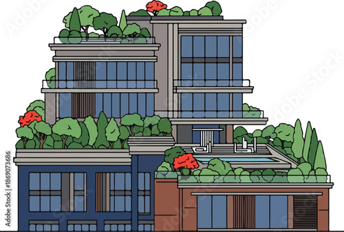 Modern Building with Rooftop Gardens and Balconies.