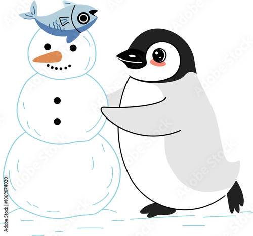 Cute Cartoon Penguin Building a Snowman with Fish Vector Illustration