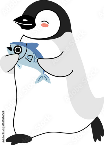Cute Cartoon Penguin Carrying a Large Fish Illustration for Penguin Day