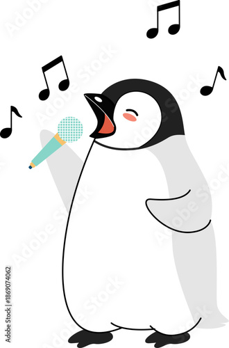Cute Cartoon Penguin Rockstar Singing with Microphone Illustration