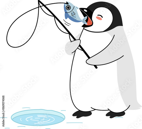 Cute Cartoon Penguin Ice Fishing and Catching a Fish Illustration