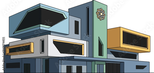 Futuristic Building with Geometric Shapes and Colors.