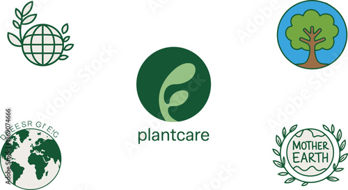 A collection of diverse green and blue globe and plant logos promoting environmental care and sustainability