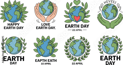 A collection of eight illustrated Earth Day icons featuring the planet Earth surrounded by hands and leaves