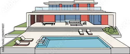 Modern House with Swimming Pool Illustration.