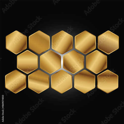 Seamless geometric wallpaper design featuring an abstract golden honeycomb pattern with metallic hexagons and 3D gold cubes forming a sweet beehive texture for a luxury vector backdrop