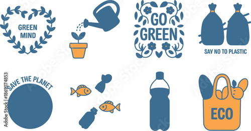 A collection of minimalist blue and orange icons depicting various eco friendly and sustainability themes
