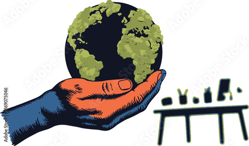 A distressed green Earth rests gently in a cupped hand with abstract elements nearby