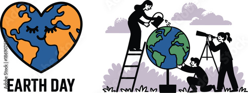 A happy heart shaped Earth with a smiling face next to people actively watering a large green globe